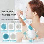 Electric bath brush shown with five interchangeable heads for massage, exfoliation, and cleansing.