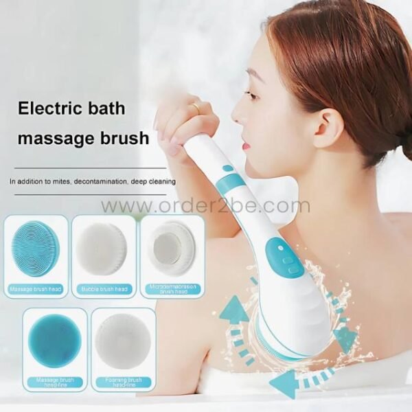 Electric bath brush shown with five interchangeable heads for massage, exfoliation, and cleansing.
