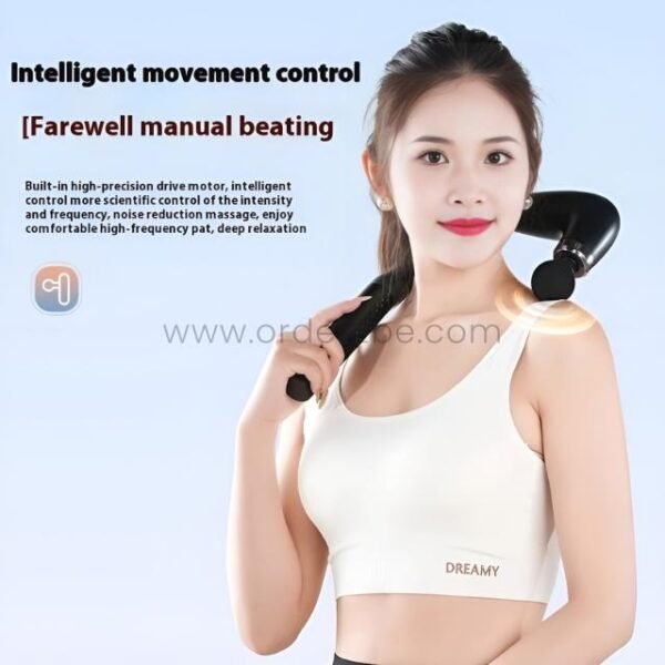 Woman using ergonomic handheld massage gun on her neck, showing intelligent movement control.