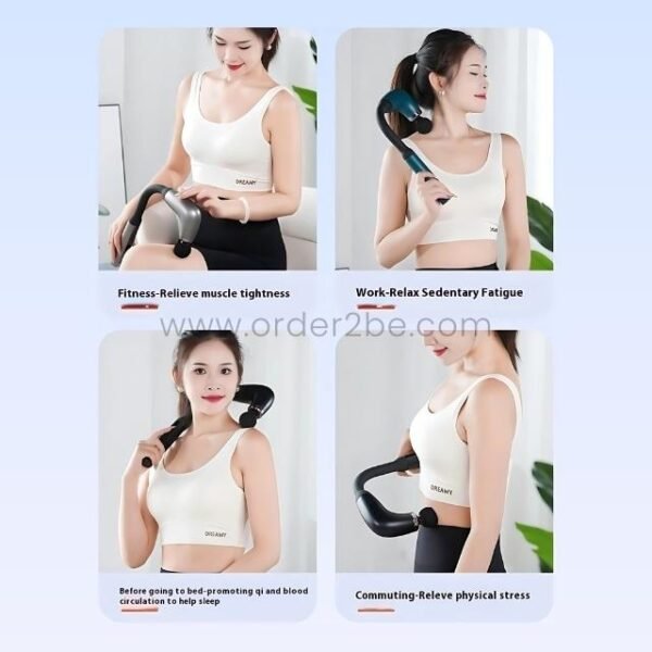 Woman using massage gun in four scenarios: workout recovery, office relief, sleep prep, and commuting.