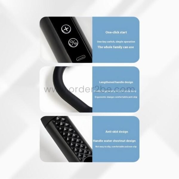 Ergonomic handheld massage gun with one-click start, long handle, and anti-slip textured grip.
