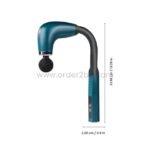 Teal ergonomic handheld massage gun displayed with dimensions: 33.98 cm height, 2.29 cm width.