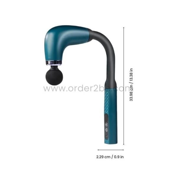 Teal ergonomic handheld massage gun displayed with dimensions: 33.98 cm height, 2.29 cm width.