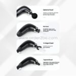 Four interchangeable massage heads—spherical, flat, U-shaped, tapered—with muscle group labels.