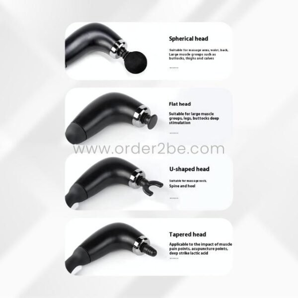 Four interchangeable massage heads—spherical, flat, U-shaped, tapered—with muscle group labels.