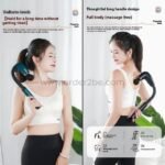 Woman using ergonomic handheld massage gun on neck and back, showing full-body reach with long handle.