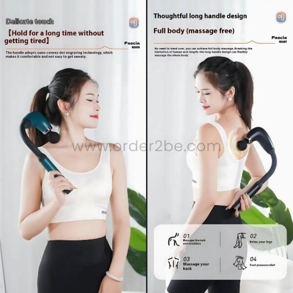 Woman using ergonomic handheld massage gun on neck and back, showing full-body reach with long handle.
