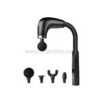 Ergonomic handheld massage gun with four interchangeable heads on a white background.
