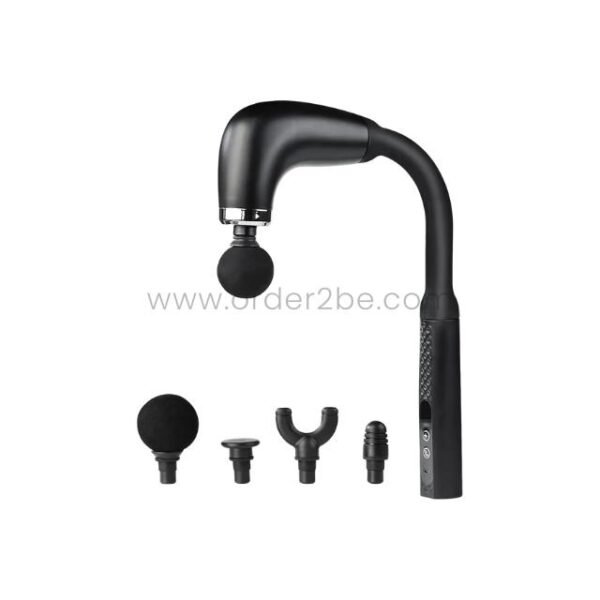 Ergonomic handheld massage gun with four interchangeable heads on a white background.