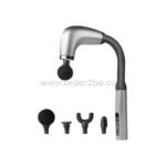Silver ergonomic handheld massage gun with four interchangeable massage heads on a clean white background.