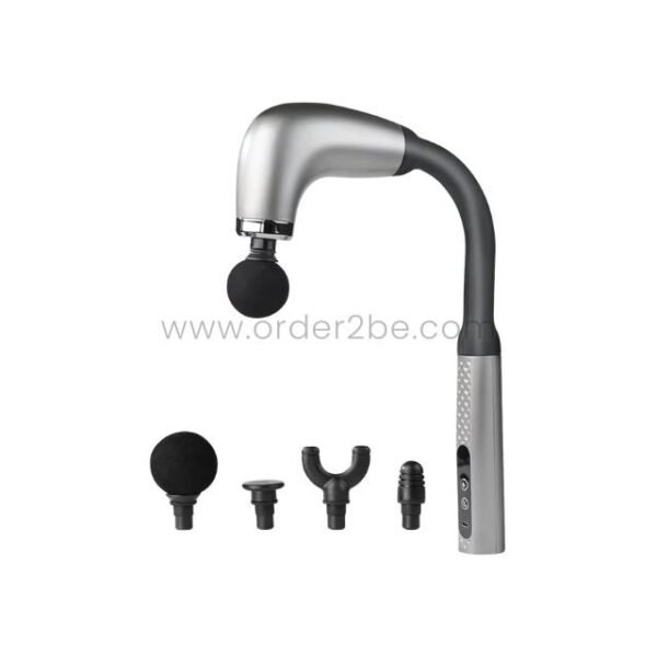 Silver ergonomic handheld massage gun with four interchangeable massage heads on a clean white background.