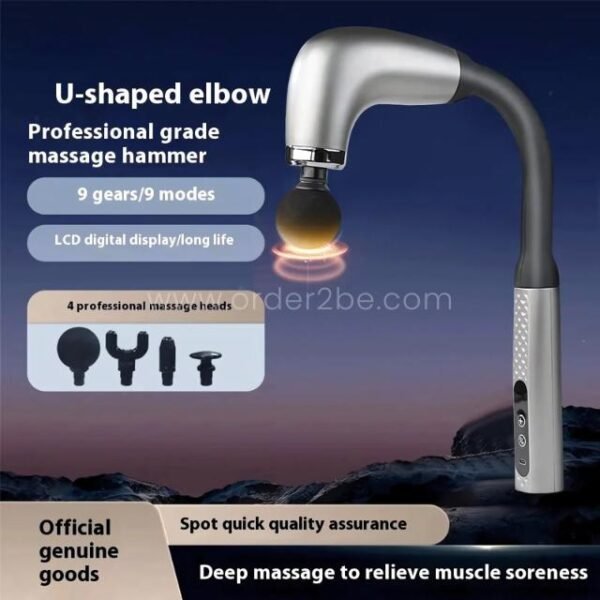 Silver and black U-shaped ergonomic handheld massage gun with LCD screen and four heads.