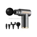 Grey portable fascial massage gun with four interchangeable heads on white background.