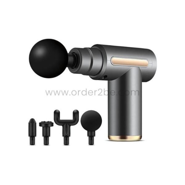 Grey portable fascial massage gun with four interchangeable heads on white background.