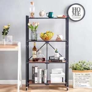 Heavy-Duty Storage Rack – Foldable Steel & Wood Organizer with Wheels, 3–5 Tiers for Kitchen & Garage