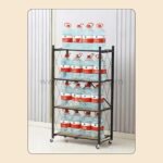 4-tier black steel storage rack with wood shelves holding multiple 20-liter water jugs.