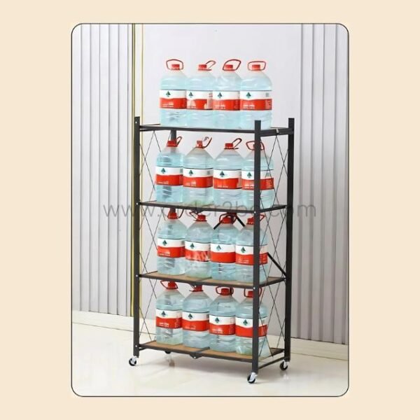 4-tier black steel storage rack with wood shelves holding multiple 20-liter water jugs.