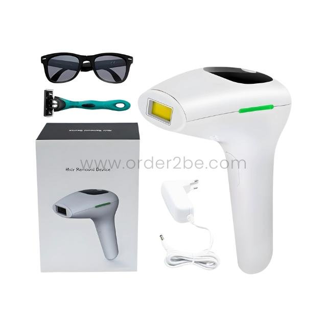 White IPL laser hair removal device with charging cable, protective sunglasses, grooming razor, and product box on white background.