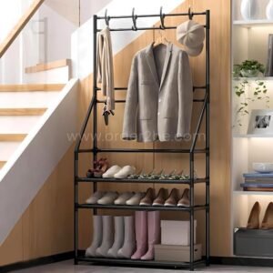 Modern Entryway Shoe Rack – Space-Saving 3 Tiers & 8 Hooks for Coats, Shoes & Bags