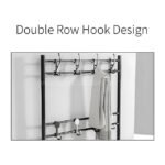 Double row hook system on black metal rack with coats and scarves hanging.