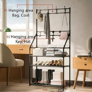 Modern Entryway Shoe Rack – Space-Saving 3 Tiers & 8 Hooks for Coats, Shoes & Bags