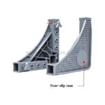 Close-up of refrigerator base stand corner with non-slip mat for stability.