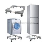 Movable appliance base supporting a washing machine and refrigerator on a white background.
