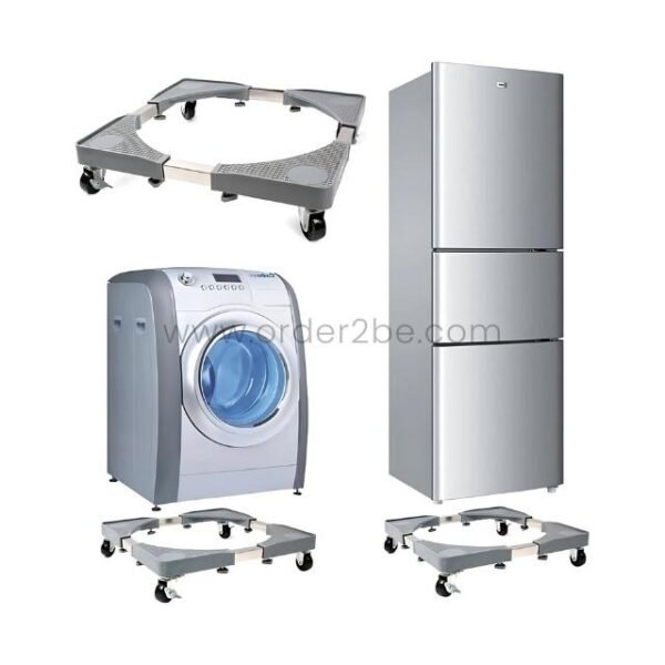 Movable appliance base supporting a washing machine and refrigerator on a white background.