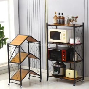 Heavy-Duty Storage Rack – Foldable Steel & Wood Organizer with Wheels, 3–5 Tiers for Kitchen & Garage