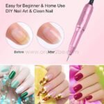 Close-up of nails before and after using electric nail file, featuring green, floral, and red manicure designs.