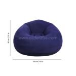 Navy inflatable bean bag chair shown with dimensions of 110 cm wide and 85 cm high, suitable for adults and kids.