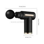 Black portable fascial massage gun shown with dimensions: 17.5 cm length, 13.9 cm height, 4.3 cm width.