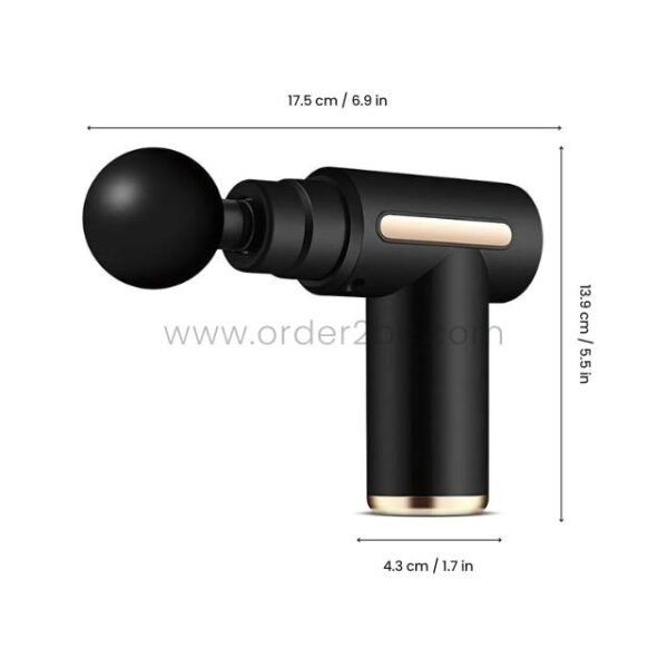 Black portable fascial massage gun shown with dimensions: 17.5 cm length, 13.9 cm height, 4.3 cm width.