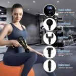 Woman using portable fascial massage gun on leg with 4 interchangeable heads displayed.