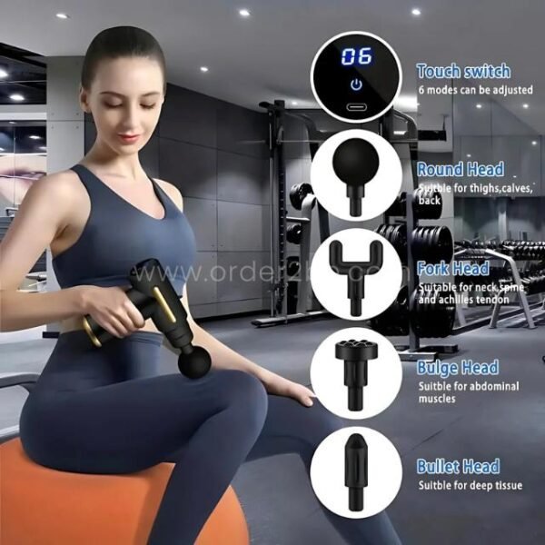 Woman using portable fascial massage gun on leg with 4 interchangeable heads displayed.