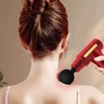Person using red mini fascia massage gun on neck with vibration effect illustrated.
