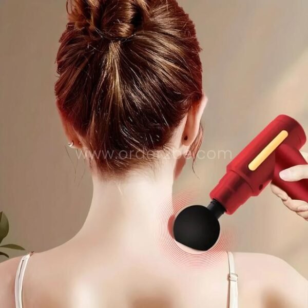 Person using red mini fascia massage gun on neck with vibration effect illustrated.