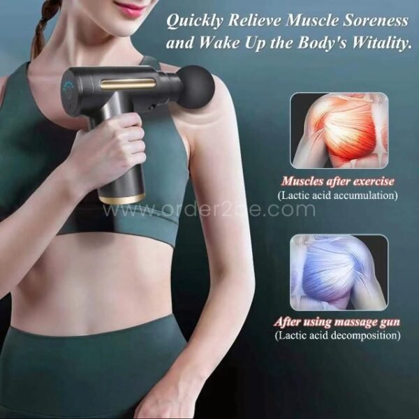 Female athlete using portable fascial massage gun on shoulder with lactic acid illustration.