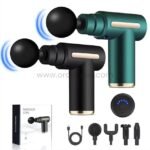 Portable fascial massage gun with 4 attachments and USB-C cable displayed with product box.