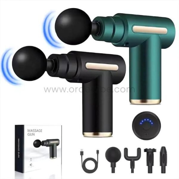 Portable fascial massage gun with 4 attachments and USB-C cable displayed with product box.