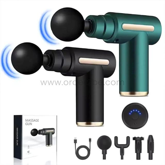 Portable fascial massage gun with 4 attachments and USB-C cable displayed with product box.