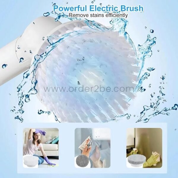 Close-up of 6-in-1 electric spin scrubber rotating brush head with water splash, showing stain removal on floor, glass, and kitchen surfaces.
