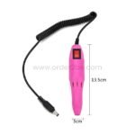 Pink nail drill handpiece 13.5 cm long, 3 cm diameter, with coiled cable and red power switch.