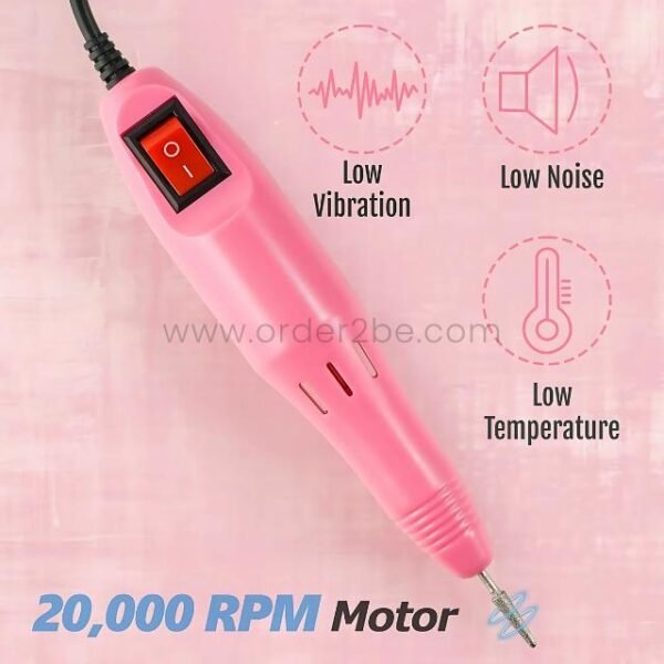 Pink nail drill handpiece with icons showing low vibration, low noise, and low heat, plus text “20,000 RPM Motor.”