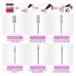 Six metal nail drill bits labeled Emery Rod, Cylinder, Small Cylinder, Awl, Bullet, Needle, with usage descriptions.