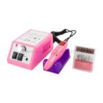 Pink Professional Nail Drill Machine with handpiece, power base, and accessory kit on white background.