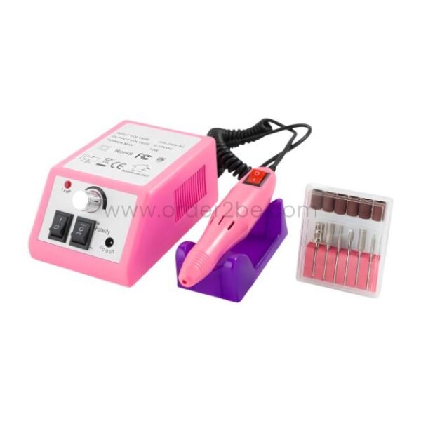 Pink Professional Nail Drill Machine with handpiece, power base, and accessory kit on white background.