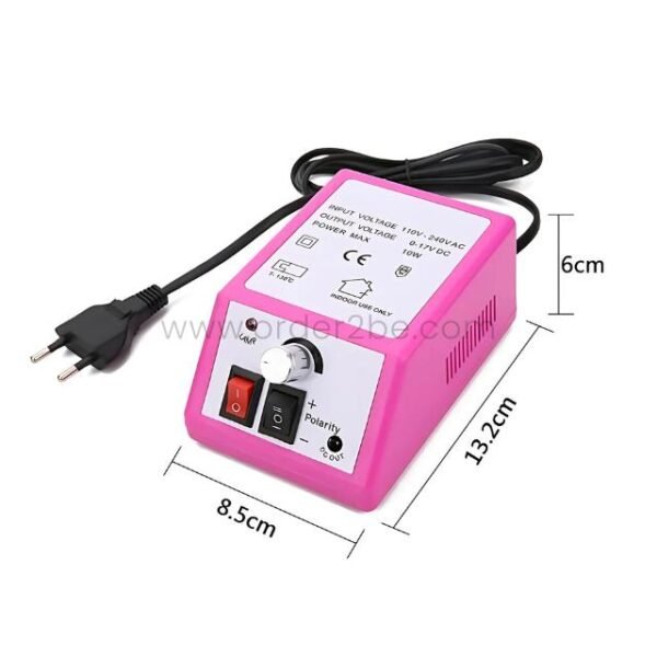 Pink power base with dimensions 13.2×8.5×6 cm, input 110–240V AC, output 9–11V DC, 10W max power.