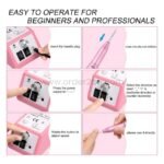 Six-step visual guide showing how to plug in, insert bit, select direction, adjust speed, and operate the nail drill.