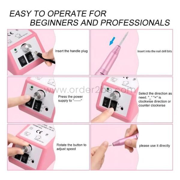 Six-step visual guide showing how to plug in, insert bit, select direction, adjust speed, and operate the nail drill.